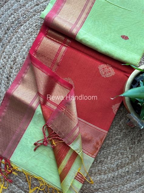 Light Pista Green Butta Pallu Zari Border Maheshwari Saree ZBB013 ...