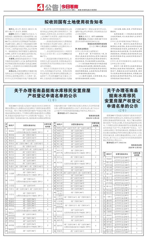 关于办理苍南县挺南水库移民安置房屋产权登记申请名单的公示--今日苍南