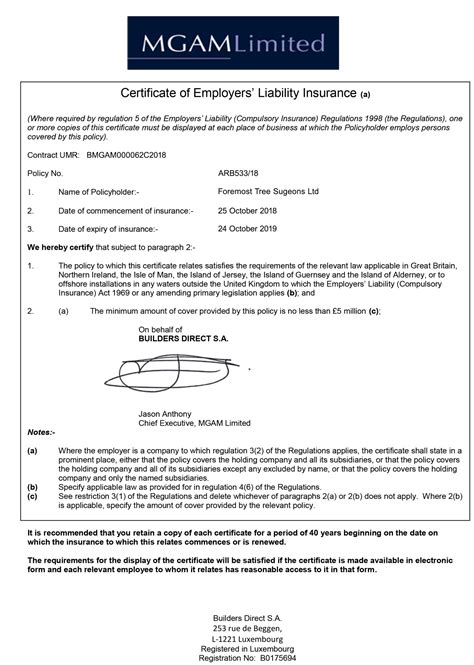 Customizable Fake Proof Of MGA Employer Liability Insurance