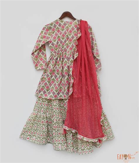 Buy Coral Floral Print Kurti Sharara for Girls Online – FayonKids