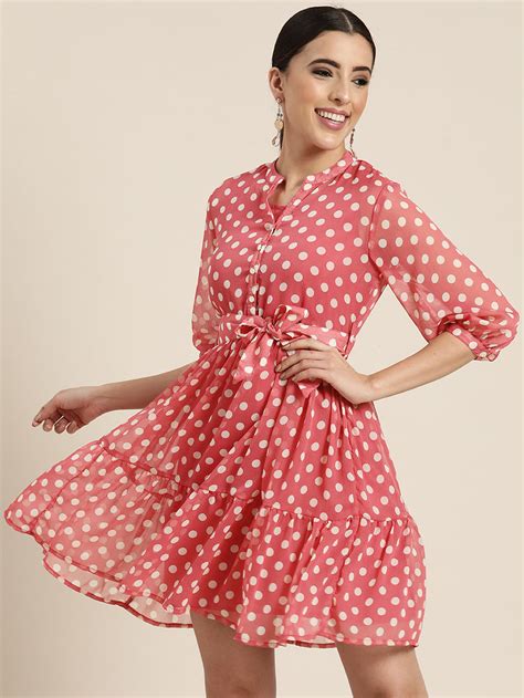 Buy Juniper Pink Polka Dot Printed Chiffon Short Dress Online in India