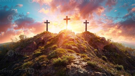 AI generated Crosses on the hill at sunset. Cross of Jesus Christ on ...