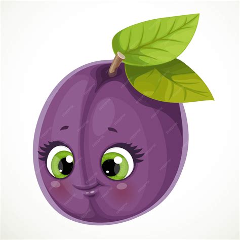 Niedliche kleine Cartoon-Emoji lila Pflaume mit Blättern isoliert auf ...