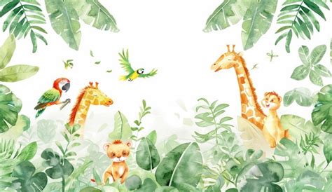 Watercolor frame with tropical leaves and animals giraffe birds ...