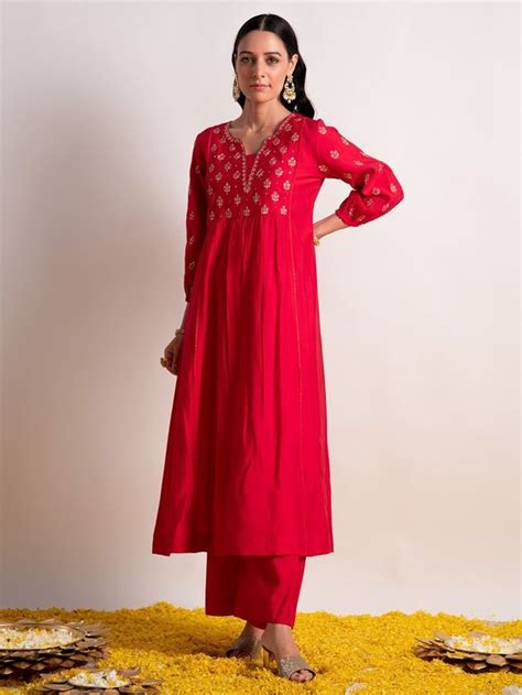 Buy Burgundy Aari Work Modal Silk A-Line Kurta with Pants- Set of 2 ...