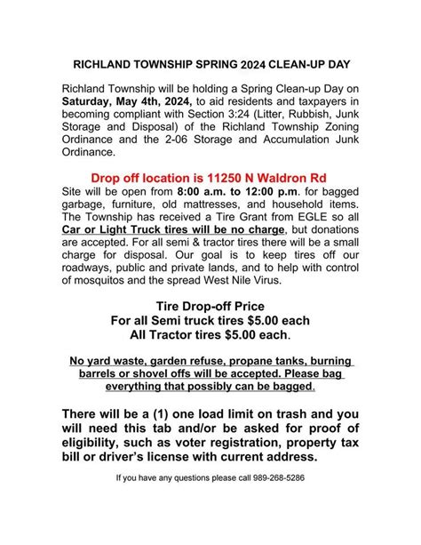 Richland Township Spring 2024 Clean Up , 11250 N. Waldron Rd, Vestaburg ...