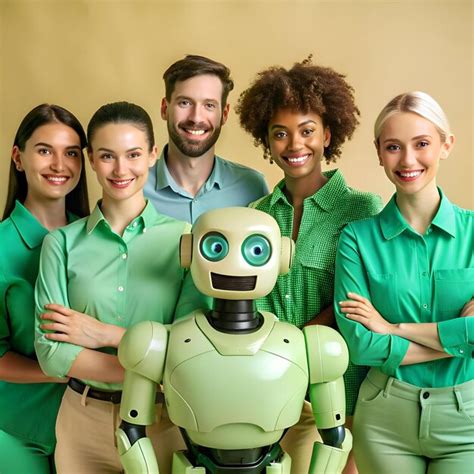 A friendly robot stands alongside a diverse group of smiling people all ...