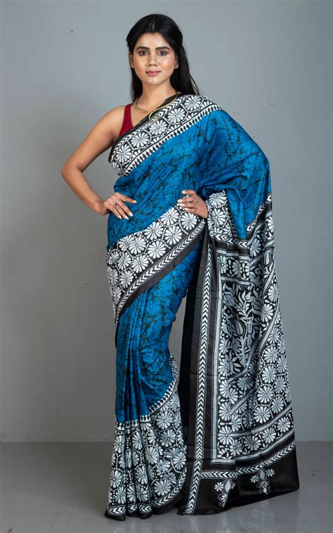 Pure Silk Hand Embroidery Hand Batik Kantha Stitch Saree in Sapphire B ...