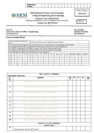 21CSC304J Compiler Design FJ2 Set A Exam Answer Key - Studocu