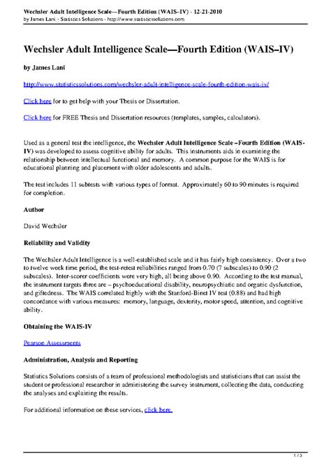 Wechsler adult intelligence scale fourth edition wais iv - Wechsler ...