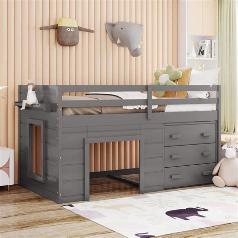 Buy SOFTSEA Junior's Twin Low Loft Bed with Cabinet Gray House Loft Bed ...