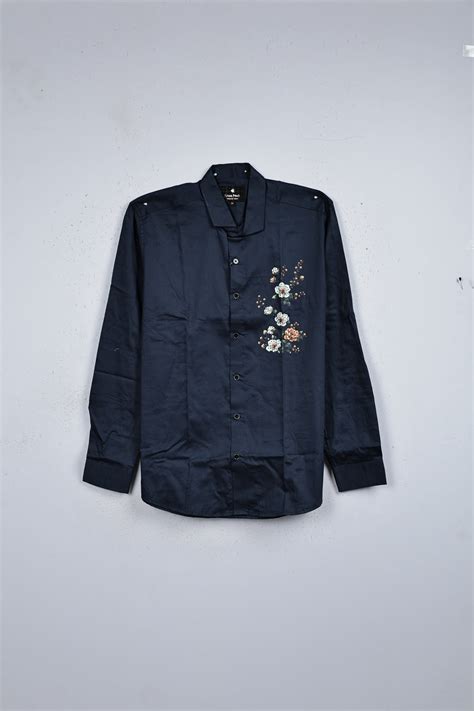 Navy blue colour shirt designed with floral print on body, classic ful