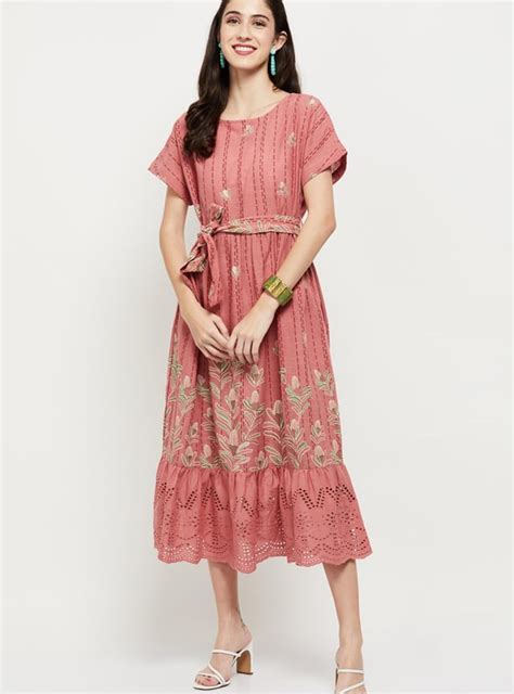 Buy Women Printed Drop Shoulder Schiffli Tiered A-Line Dress Online at ...
