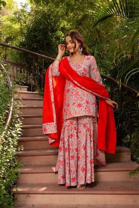 SUNHARI KAMINI HAND BLOCK PRINT COTTON SHARARA SET WITH COTTON DUPATTA ...