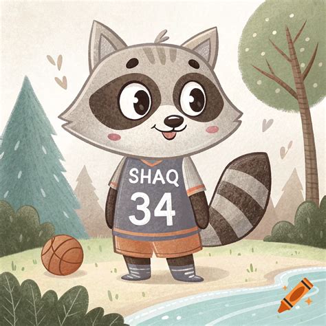 Cute cartoon raccoon wearing a Shaq 34 basketball jersey and holding a ...