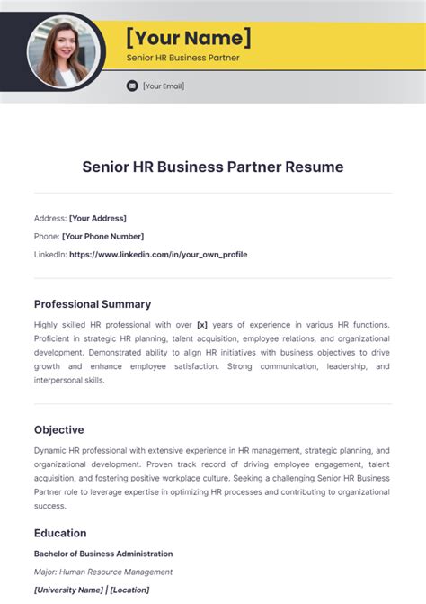 Free Senior HR Business Partner Resume Template to Edit Online