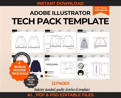Fashion Tech Pack Template Kit Adobe Illustrator DIY Tech Pack Ai. PDF ...
