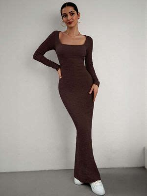 Buy Outzidr Brown Square Neck Textured Maxi Bodycon Vacay Dress Online