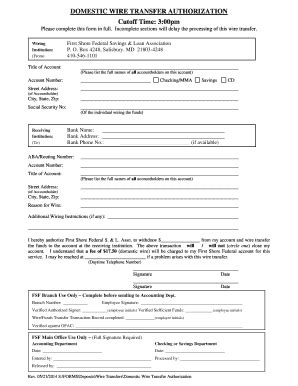 Domestic Wire Transfer Authorization - Blank Fillable Template | Fill ...