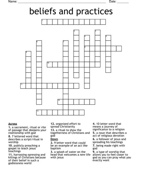 beliefs and practices Crossword - WordMint