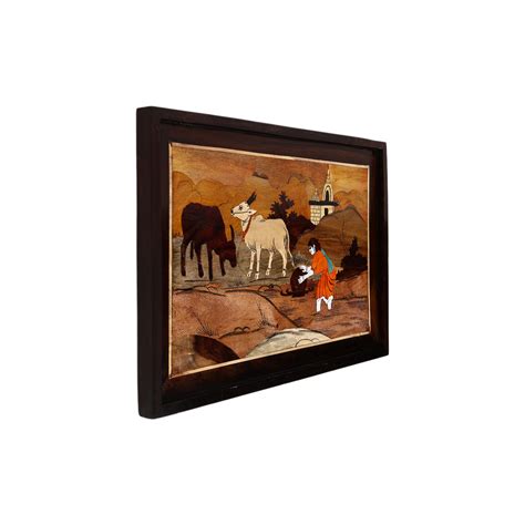 Mysore Inlay Rosewood Painting of a Lady with Cattle and Temple – Natriel