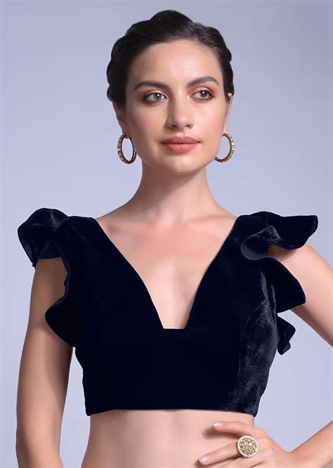 Buy Navy Blue Blouse In Velvet With A Trapeze Neck And Ruffle Sleeves ...
