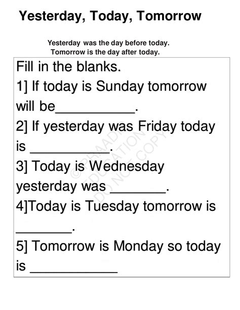 Yesterday Today Tomorrow Worksheet