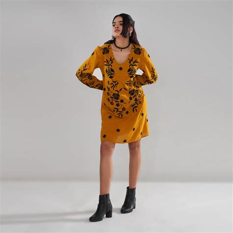 Mustard Embroidered Cotton Slub Dress with Balloon Sleeves – trumee.in