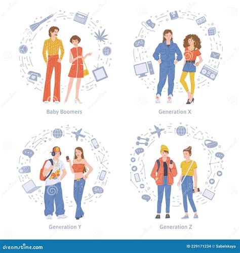 Baby Boomers and X,Y and Z Generations Flat Vector Illustration ...