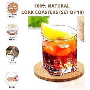 Kavi Plain Round Cork Coasters Set of 10, 4mm Thick, 4 in Dia, Water ...