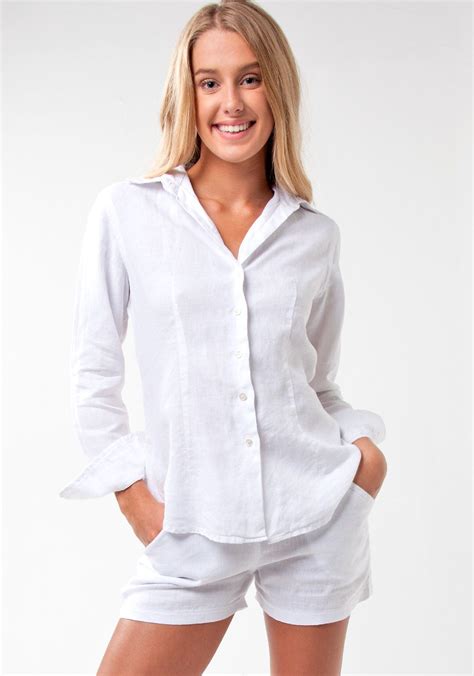100% LINEN FITTED BUTTON DOWN SHIRT IN WHITE | Womens linen clothing ...
