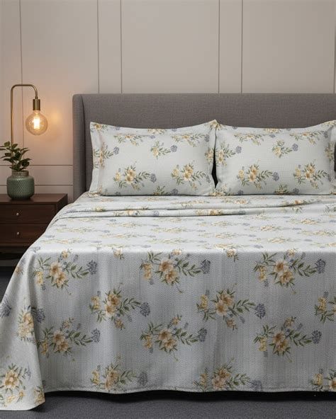 Premium Grey & Beige Floral Cotton Double Bed Sheet with 2 Pillow Cove ...