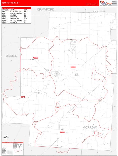 Morrow County, OH Zip Code Wall Map Red Line Style by MarketMAPS - MapSales