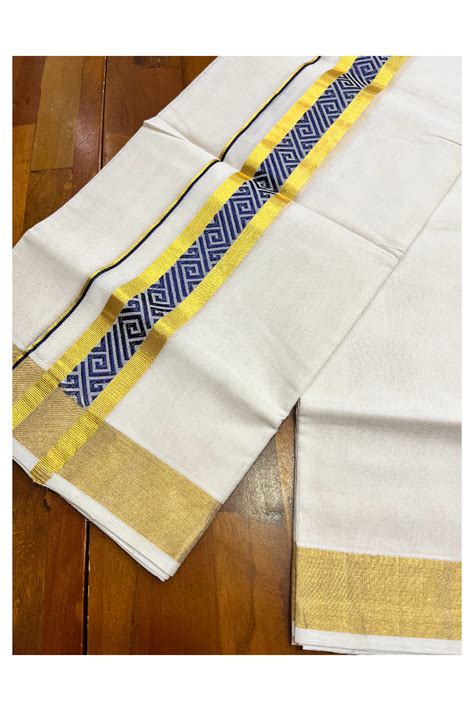Southloom Premium Handloom Pure Cotton Mundu with Golden and Blue Kasa ...