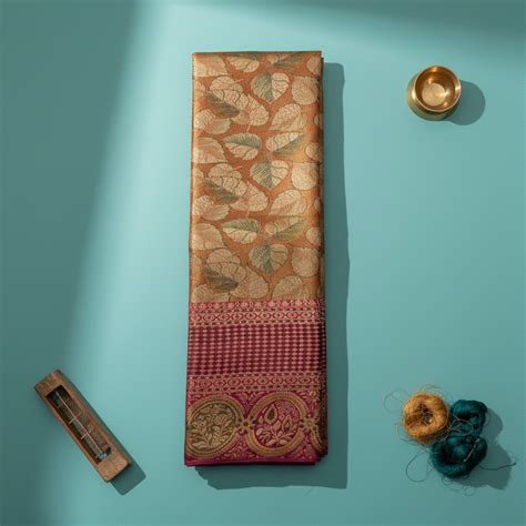 Antique Gold Peepal Leaf Kanchipuram Silk Saree | Magenta Zari Border ...