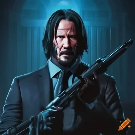 Action close-up portrait of john wick with a gun and pencil on Craiyon