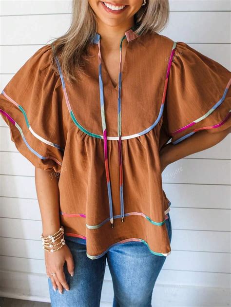 Fiyote Rainbow Inlay Brown Loose Fit V-Neck Short Sleeve Shirt, Summer ...