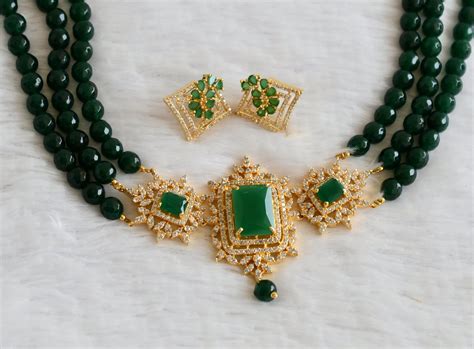 Gold tone cz emerald agates beaded choker set dj-50593 – dreamjwell