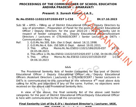 E – APES – Filling up of DEO / DD by way of promotion - Preparation of ...