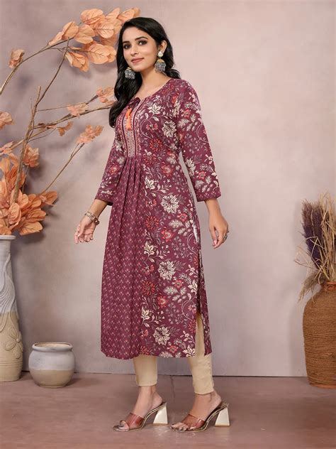 Cotton Embroidered Calf Length A-Line Kurta –Rangita