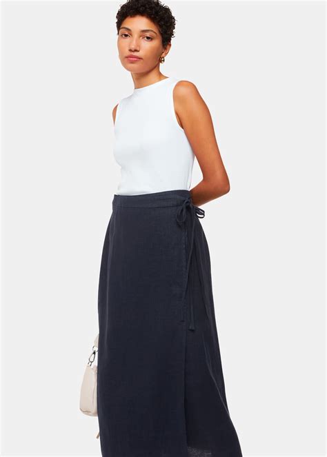Navy Linen Wrap Midi Skirt | WHISTLES | Whistles US
