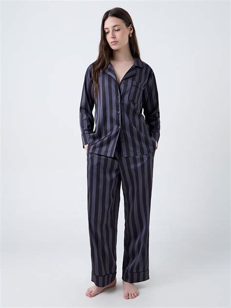 Buy Wunderlove Dark Grey Striped Satin Shirt and Pyjamas Set from Westside