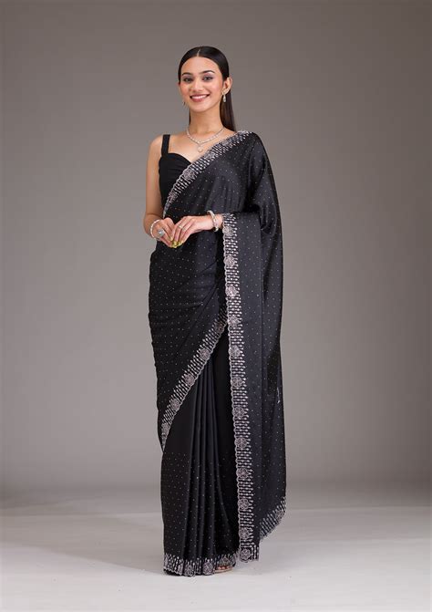 Buy Black Swarovski Satin Saree - Koskii