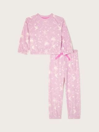 Monsoon Kids' Velour Fairy Print Pyjama Set, Pink/White