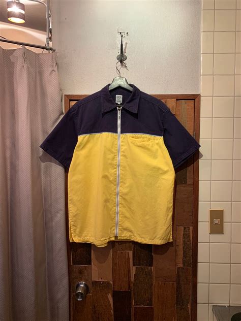 “LORVEL LORLAR” yellow×navy design zip-up S/S shirt | LAUGH