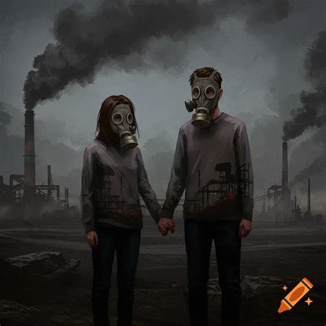 Couple holding hands wearing gas masks in polluted setting on Craiyon