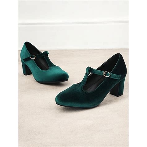 Women's Green Velvet T-Strap Mary Jane Heels with Block Heel – Vintage ...