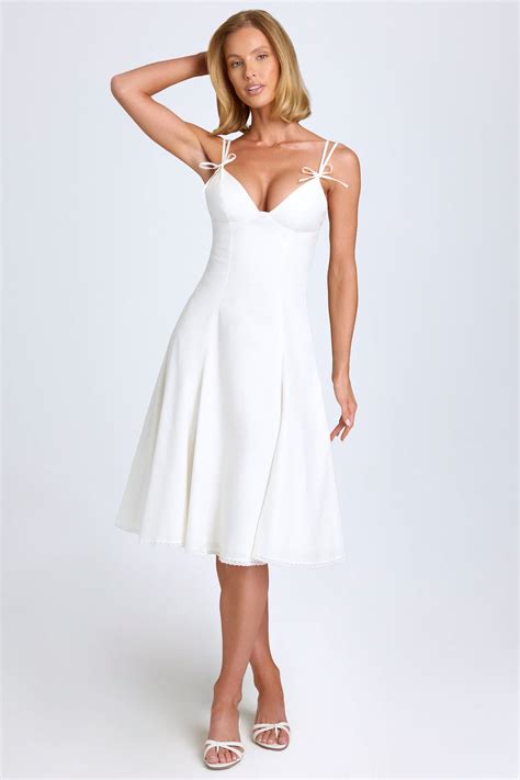 Mallory Bow-Detail Lace-Trim A-Line Midi Dress in White | Oh Polly