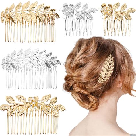 Amazon.com : 5 Pieces Leaf Hair Side Combs Gold Silver Rhinestone Hair ...