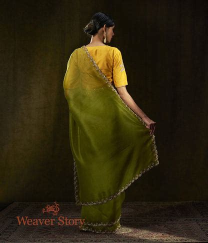 Henna Green Hand Embroidered Organza Saree with Scalloped Zardozi Bord ...